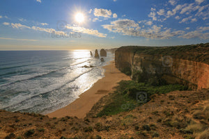 Landscape photo of the setting sun at the Twelve Apostles, Port Campbell National Park Victoria. 