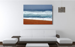 An acrylic print of seagulls against vibrant colours at Bingie Beach NSW hanging in a lounge room setting