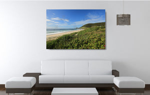 An acrylic print of a perfect sunny day at Blueys Beach NSW hanging in a lounge room setting