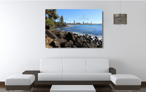 An acrylic print of a sunny day at Burleigh Heads on the Gold Coast in QLD hanging in a lounge room setting