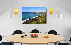 An acrylic print of Tallebudgera Creek on the Gold Coast of QLD hanging in a dining room setting