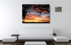 An acrylic print of a colourful sunset in Tamworth NSW in hanging in a lounge room setting