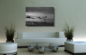 An acrylic print of a surfer entering the water at Golf Course Reef, Mollymook NSW hanging in a lounge room setting