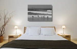 An acrylic print of Kirra Beach on the Gold Coast, QLD hanging in a bedroom setting