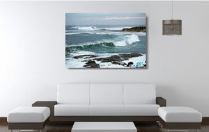 An acrylic print of the rivermouth at Margaret River in WA hanging in a lounge room setting