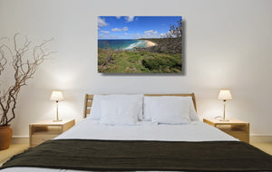 An acrylic print of Alexandria Bay at Noosa QLD hanging in a bed room setting