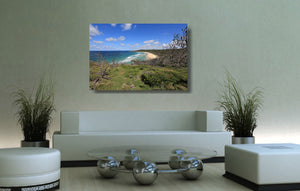An acrylic print of Alexandria Bay at Noosa QLD hanging in a lounge room setting