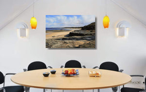 Acrylic print of Racecourse Beach in Ulladulla hanging in a dining room setting.