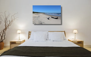 An acrylic print of Shark Bay at Illuka in NSW hanging in a bed room setting