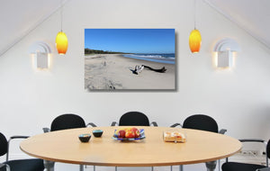 An acrylic print of Shark Bay at Illuka in NSW hanging in a dining room setting